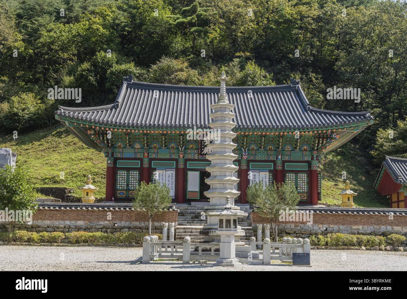 Jinan County, South Korea. September 20, 2020: Nine story stone pagoda in front of temple building Stock Photo
