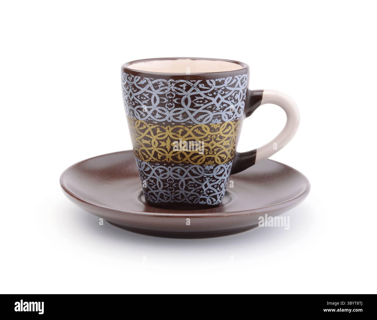Empty ceramic mug and saucer isolated on white. Stock Photo