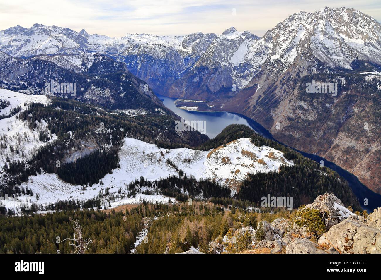 Enchanting view of Lake Koenigssee and the Alps from Mount Jenner ...