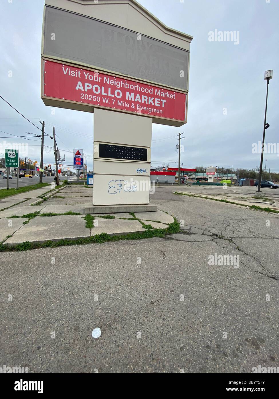 ScoreGang, "ETGC" tags seen on abandoned pylon sign in Five Points, a Detroit-based Crips subset, predominantly African American, assocd. w/ vandalism - Smartphone Captured Stock Image