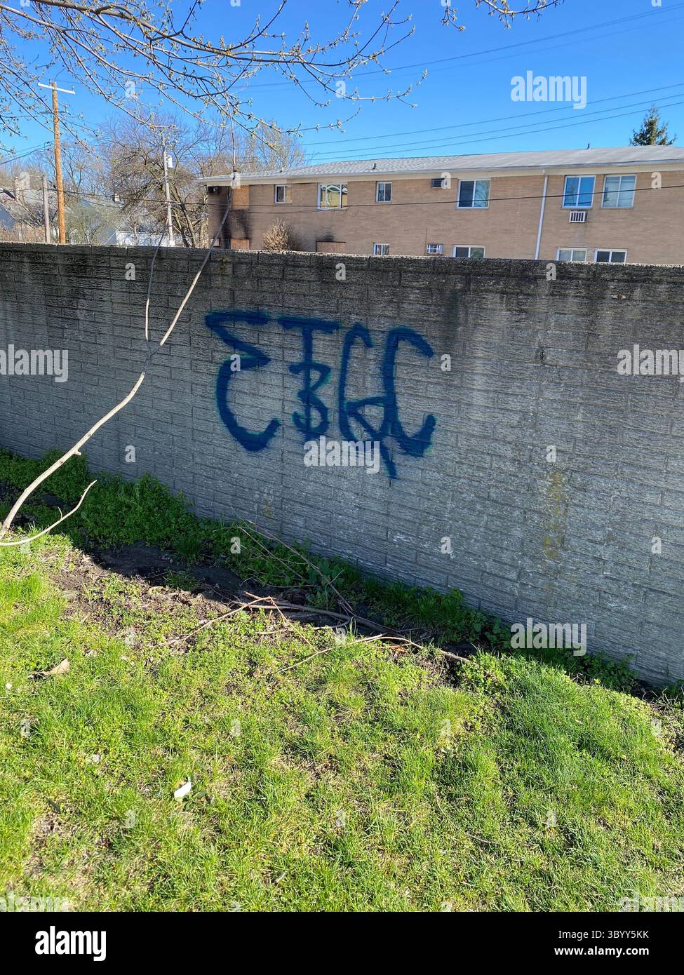 W7M ETGC (ScoreGang) graffiti tags in Detroit Five Points, blue paint, youth penmanship: ‘83 BACCWEST,’ ‘ETGC,’ ‘24500 Blocc.’ - Smartphone Captured Stock Image