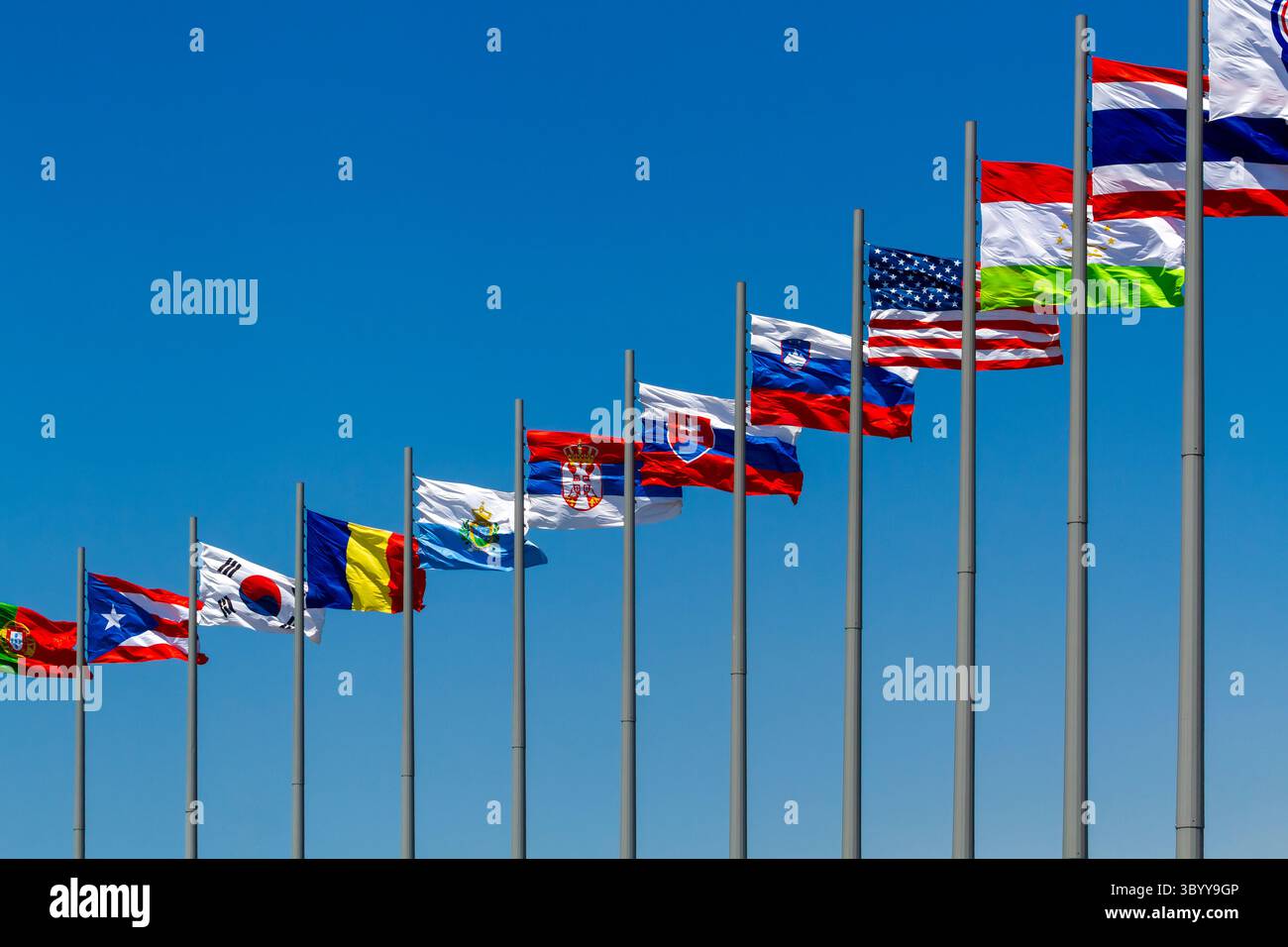 flags of countries against blue sk Stock Photo - Alamy