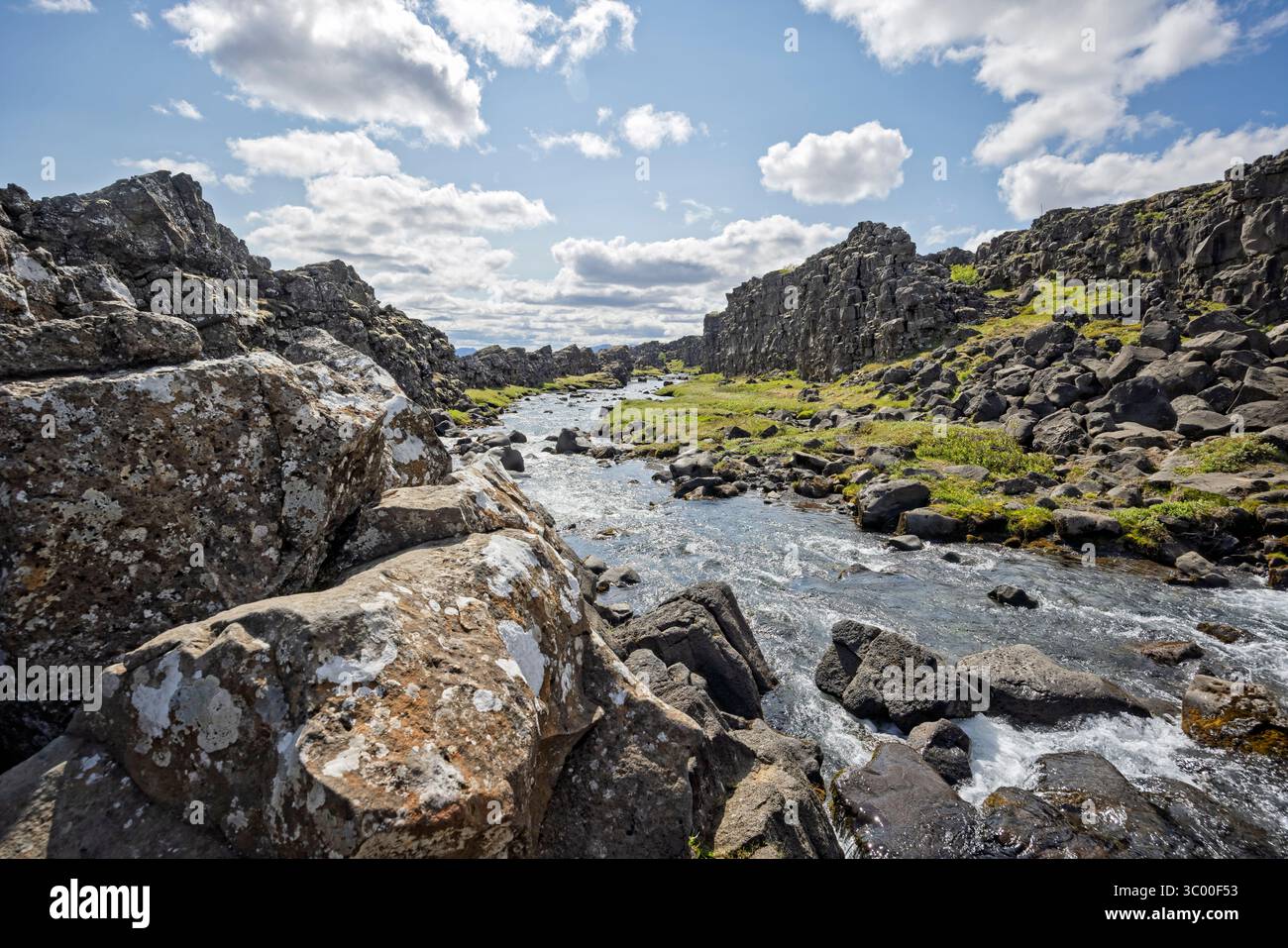 River of water from waterfall running in the rift valley between ...