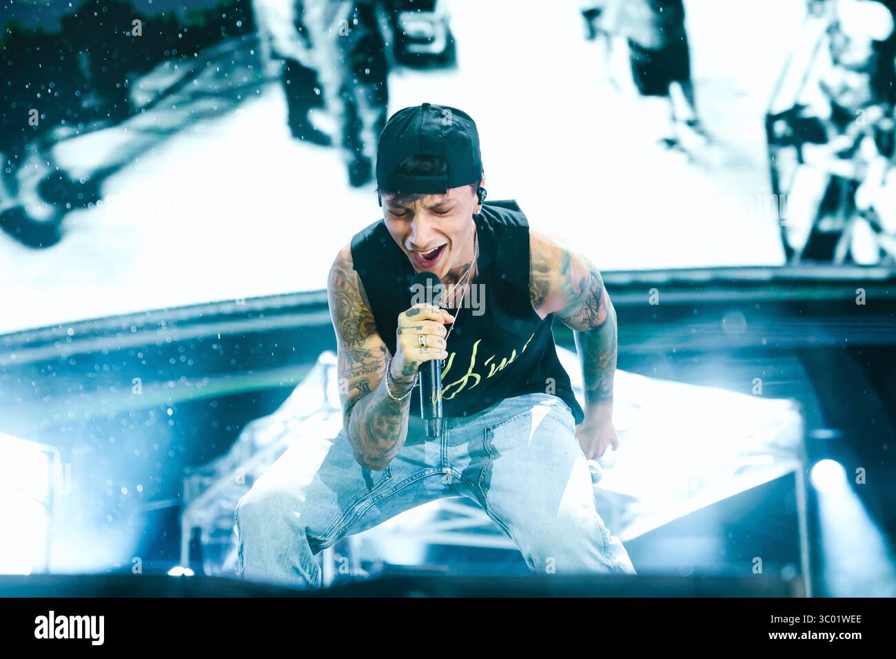 Milan, Ultimo performs in concert in the rain during the Stadi Tour ...