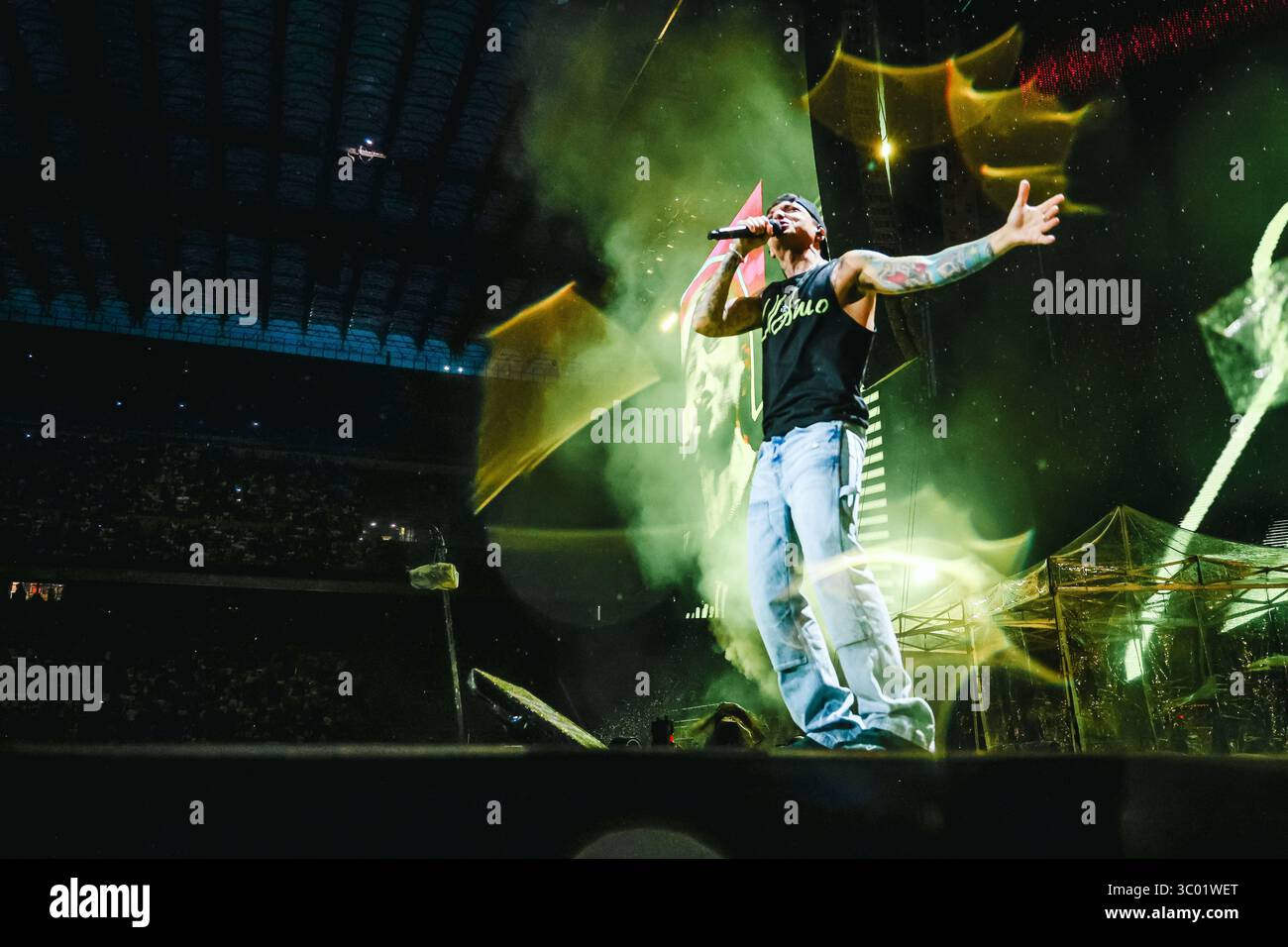 Milan, Ultimo performs in concert in the rain during the Stadi Tour ...