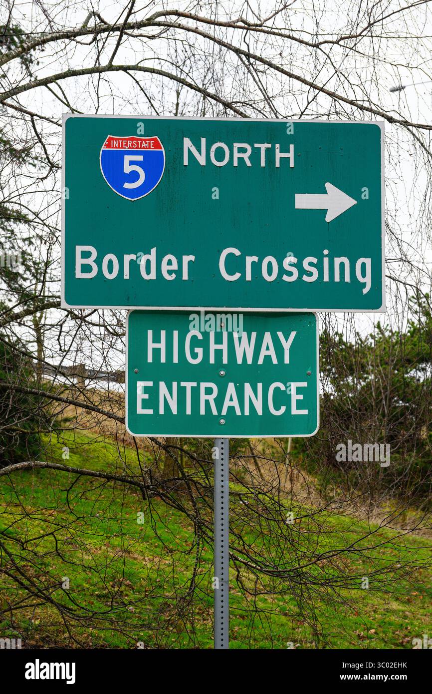 Blaine, WA, USA - January 8, 2025; Interstate 5 sign directions for Canadian border crossing to north Stock Photo