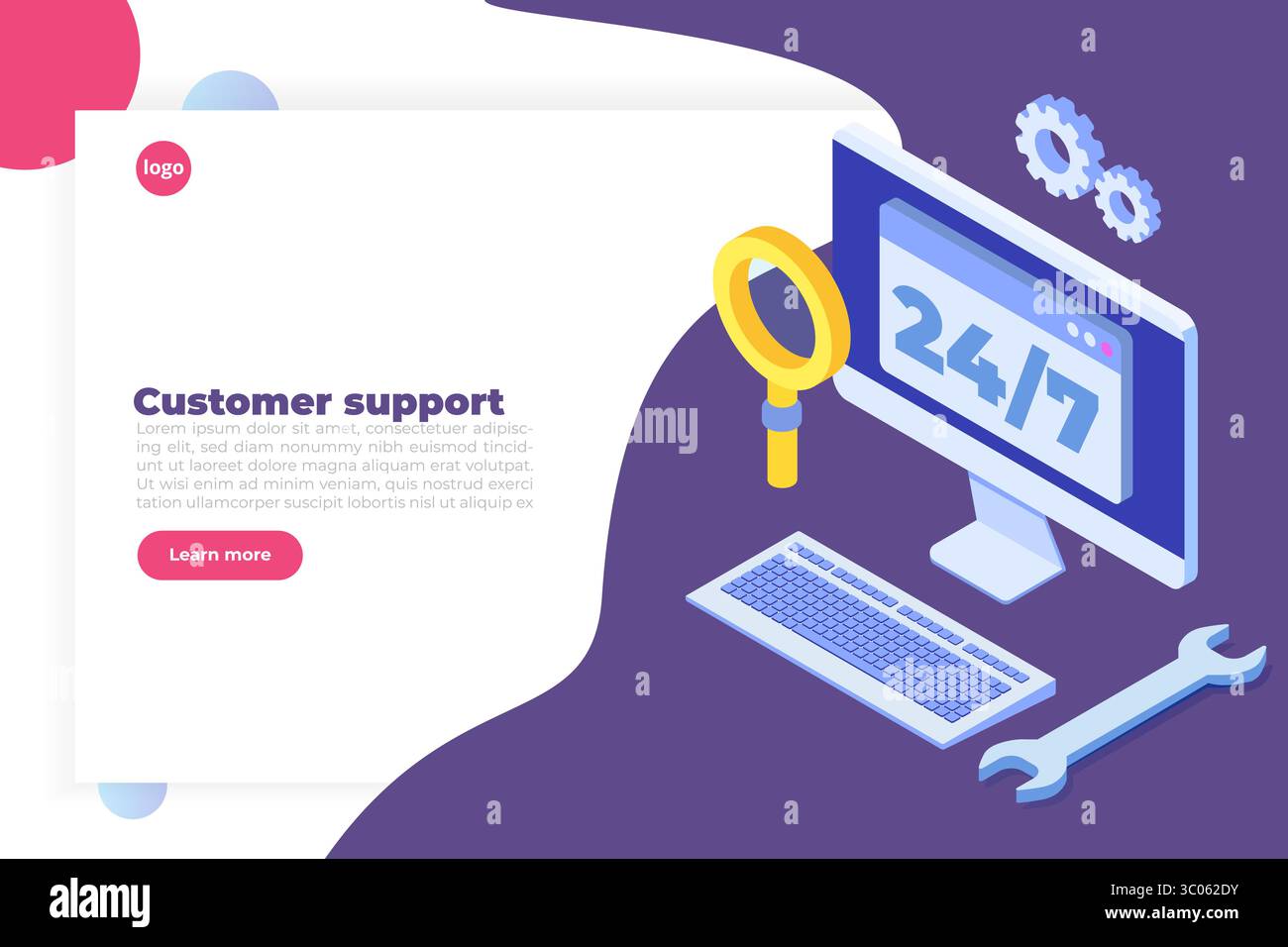 Support or call center 24/7 concept.   Web page or banner design templates.  24 hours open customer service. Vector illustration Isometric. Stock Vector