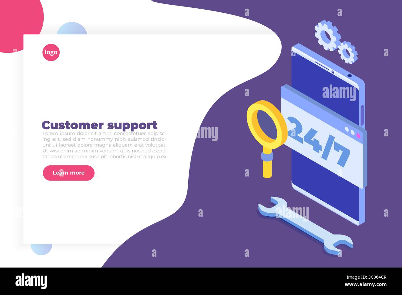 Support or call center 24/7 concept.   Web page or banner design templates.  24 hours open customer service. Vector illustration Isometric. Stock Vector