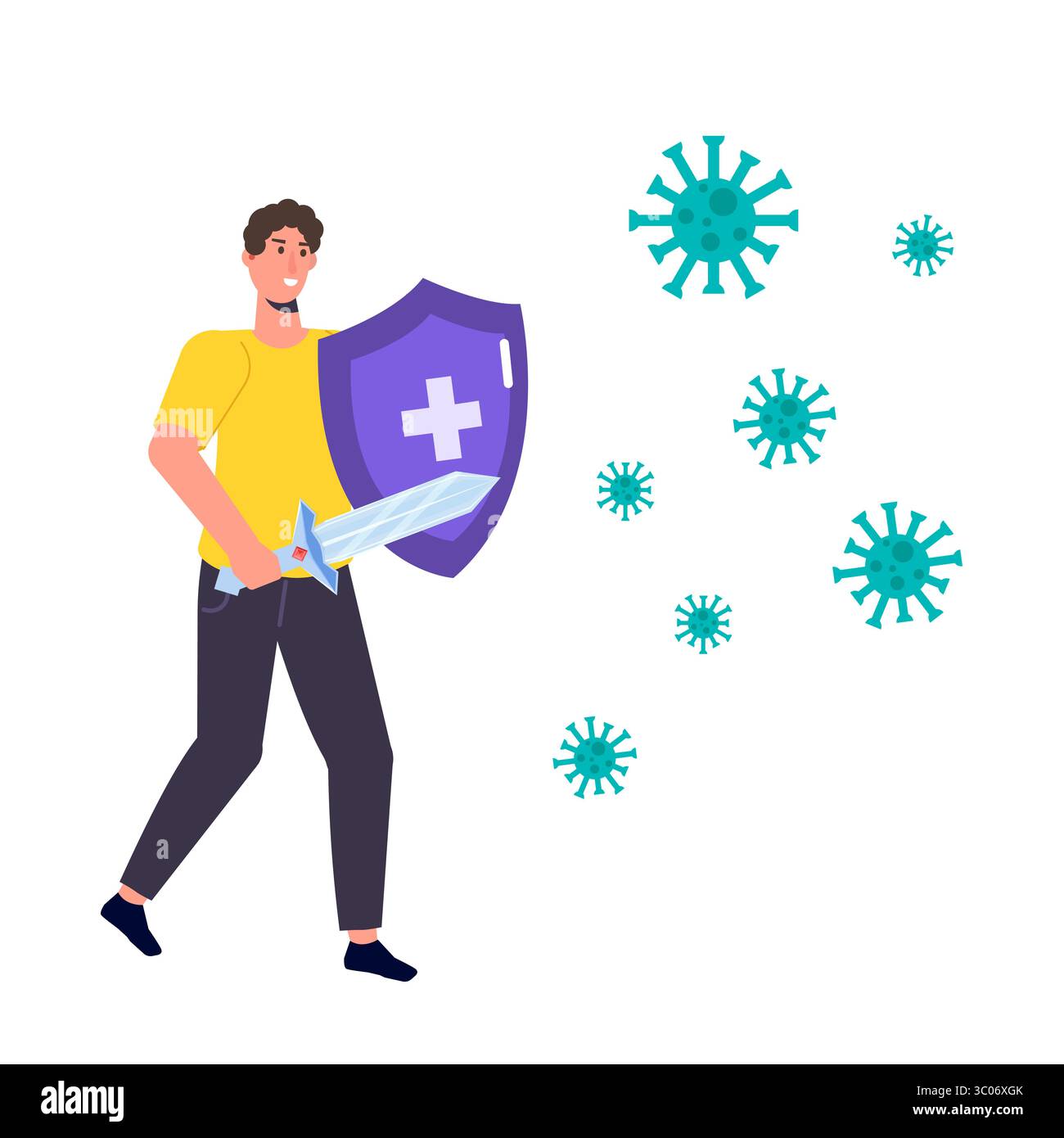 Man fighting the virus with a sword. Immunity shield concept. Vector ...