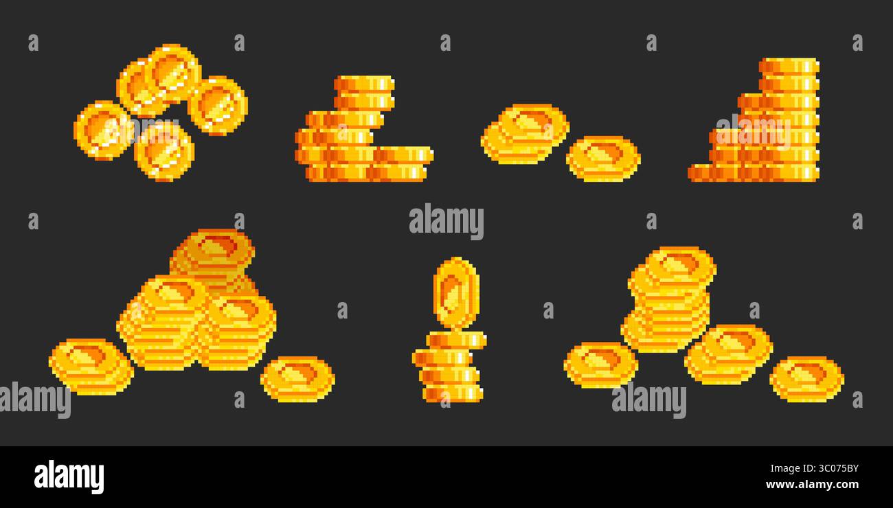 Pixel art gold coin stacks in retro 8 bit style - shiny yellow treasure ...