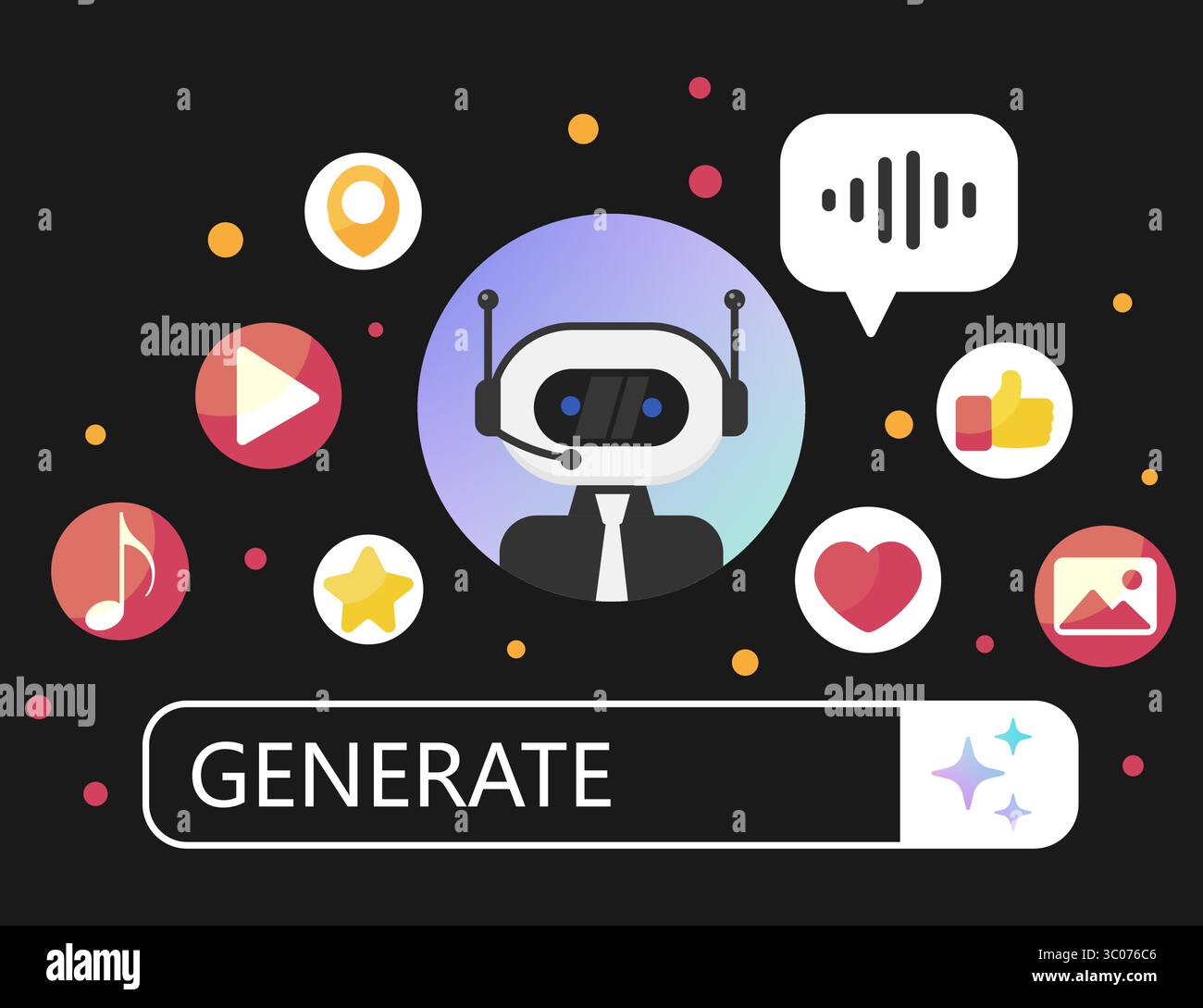 Robot assistant generating multimedia content surrounded by icons of music, video, image, and social media. Modern flat UI concept with AI chatbot and creative content symbols. AI content generator. Robot assistant interface. Multimedia icons set. Creative bot design. Artificial intelligence background. Stock Vector