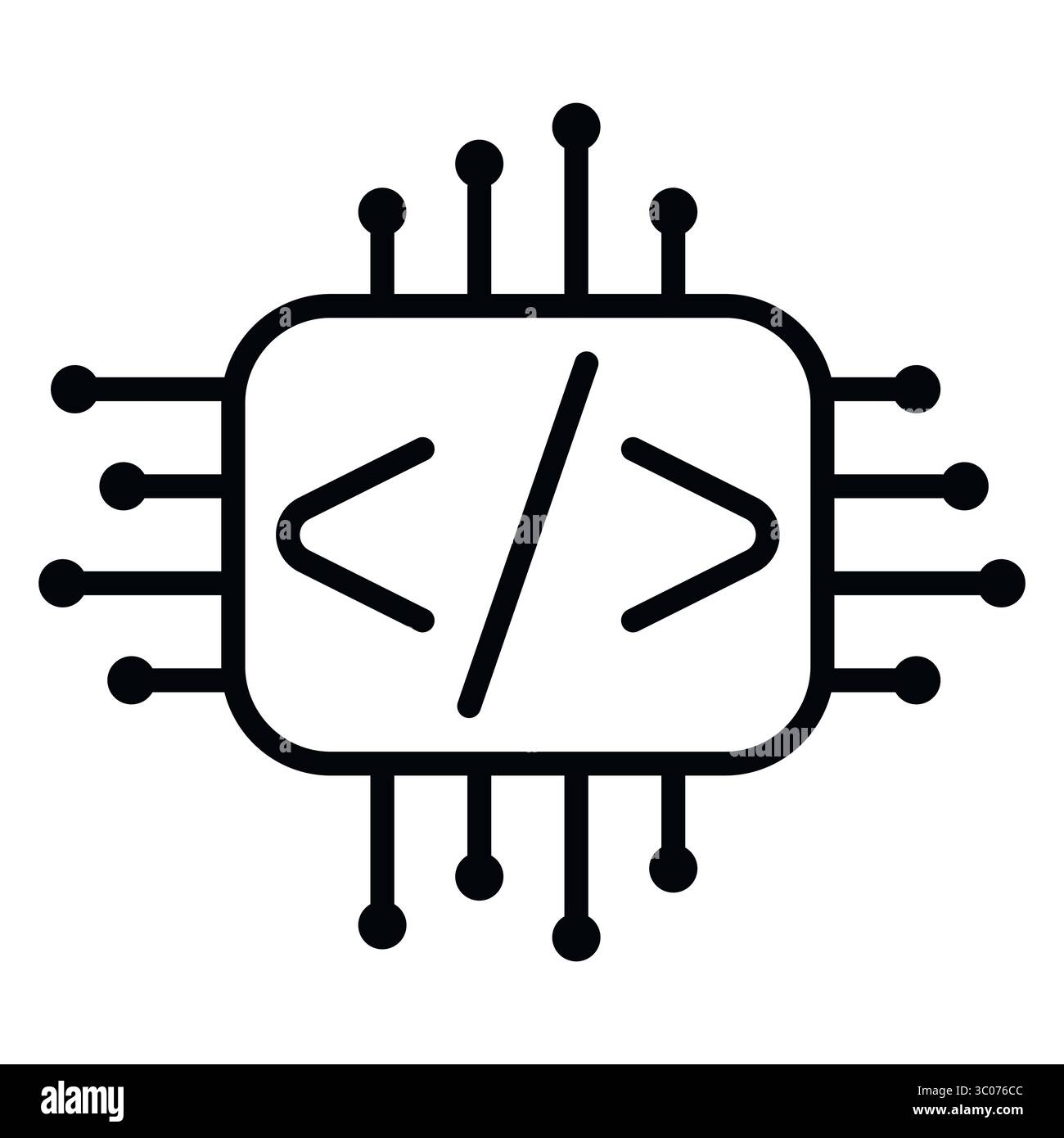 Minimalist vector icon of a microchip with code symbols, representing programming, AI, and digital technology, circuit chip featuring code brackets, symbolizing software, innovation, and tech development. Code chip icon. Digital programming symbol. AI coding vector. Microchip with code. Tech development illustration. Stock Vector