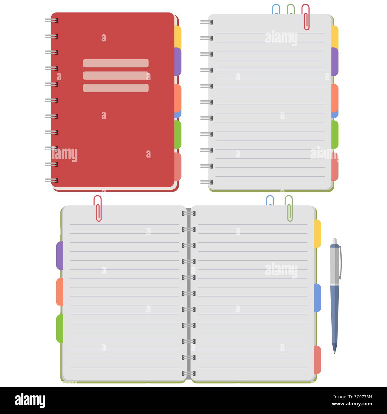 Vector illustration of a spiral notebook with colorful divider tabs, lined pages, paper clips, and pen, shown in various open and closed positions. Organized layout for planning, journaling, or note-taking concepts. Stock Vector