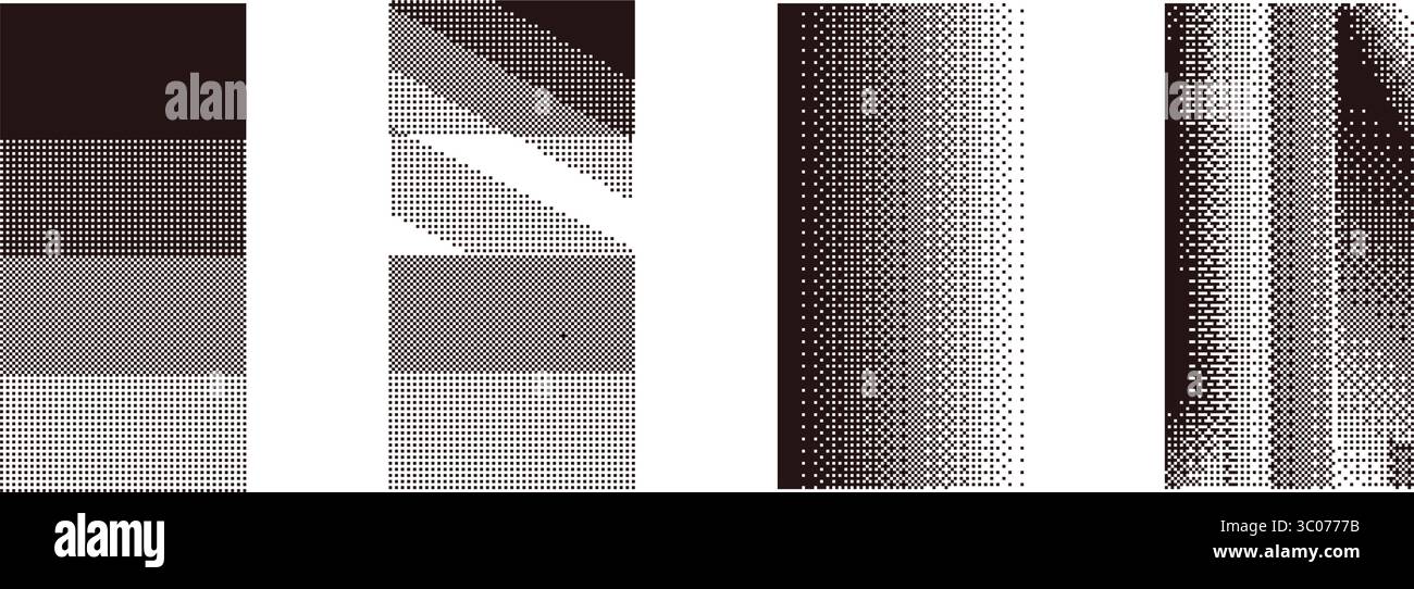 Pixel game halftone backgrounds set . 8 bit patterns bitmap dither effect. Black graphic gradient in retro 90s style. Vector retro random mosaic recta Stock Vector