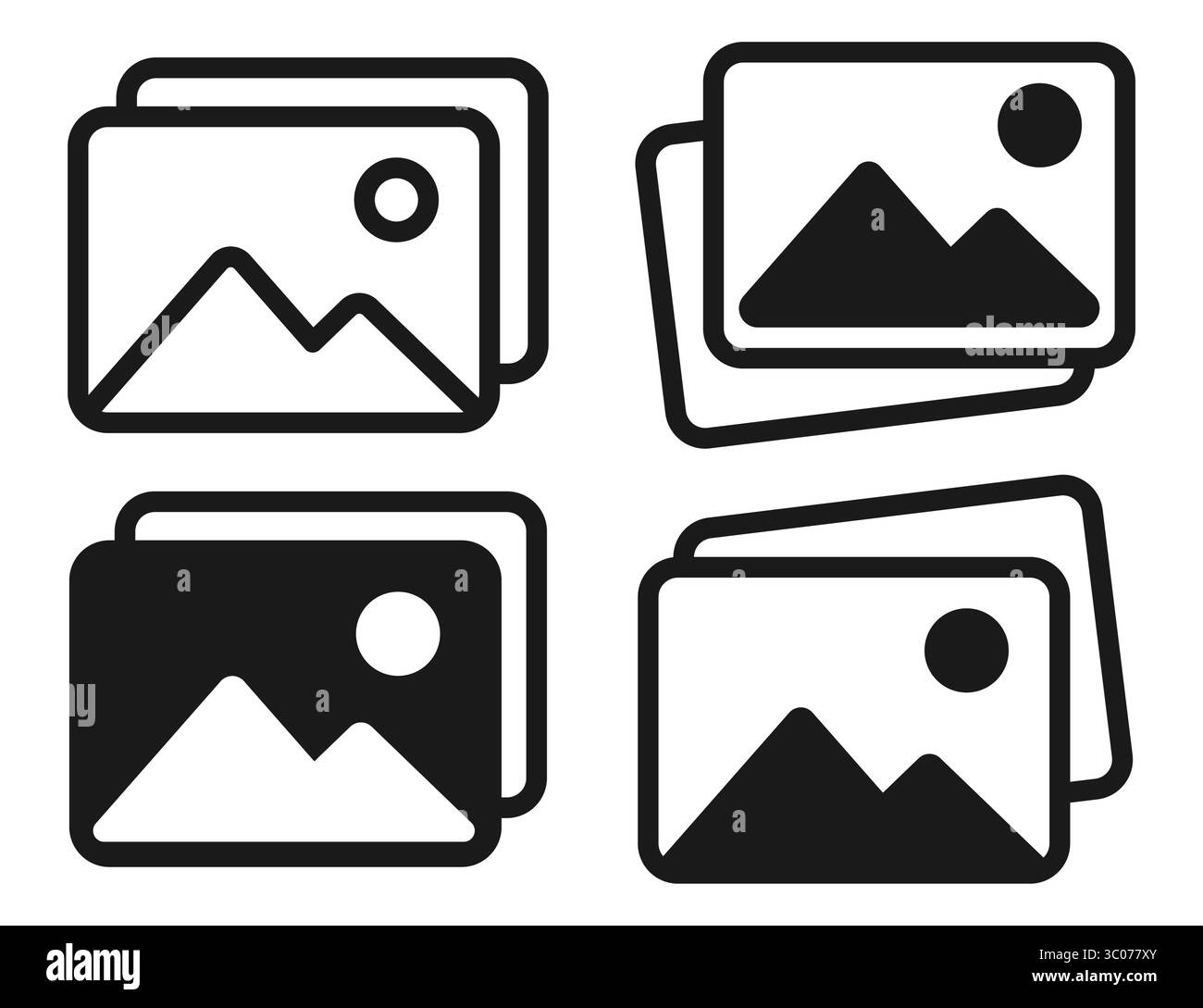 Collection of stacked photo icons with mountain and sun symbol. Black ...