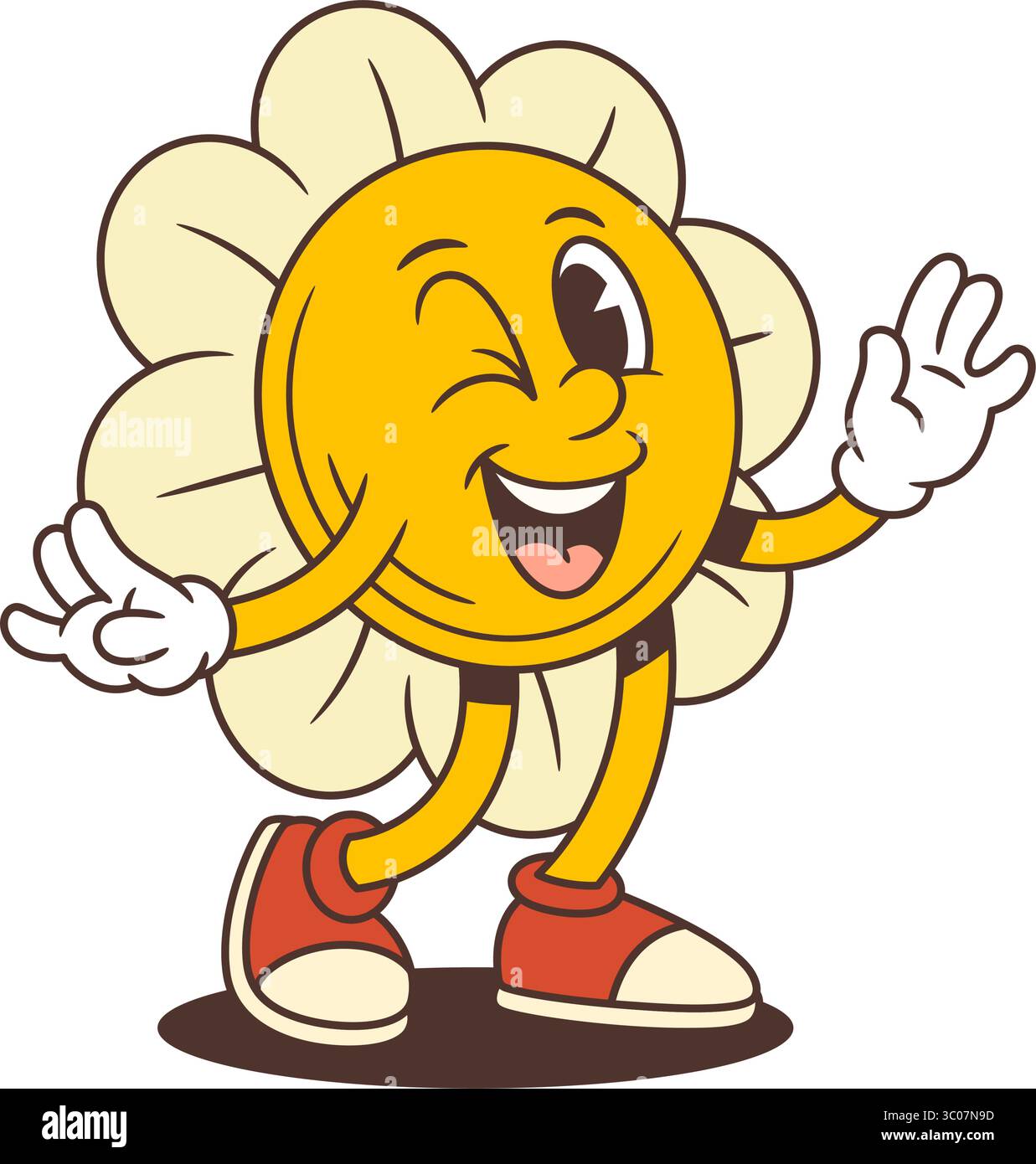 Mischievous flower mascot winking and making a peace sign while balancing on one leg. Full of charm, ideal for social media, stickers, childrens art, Stock Vector