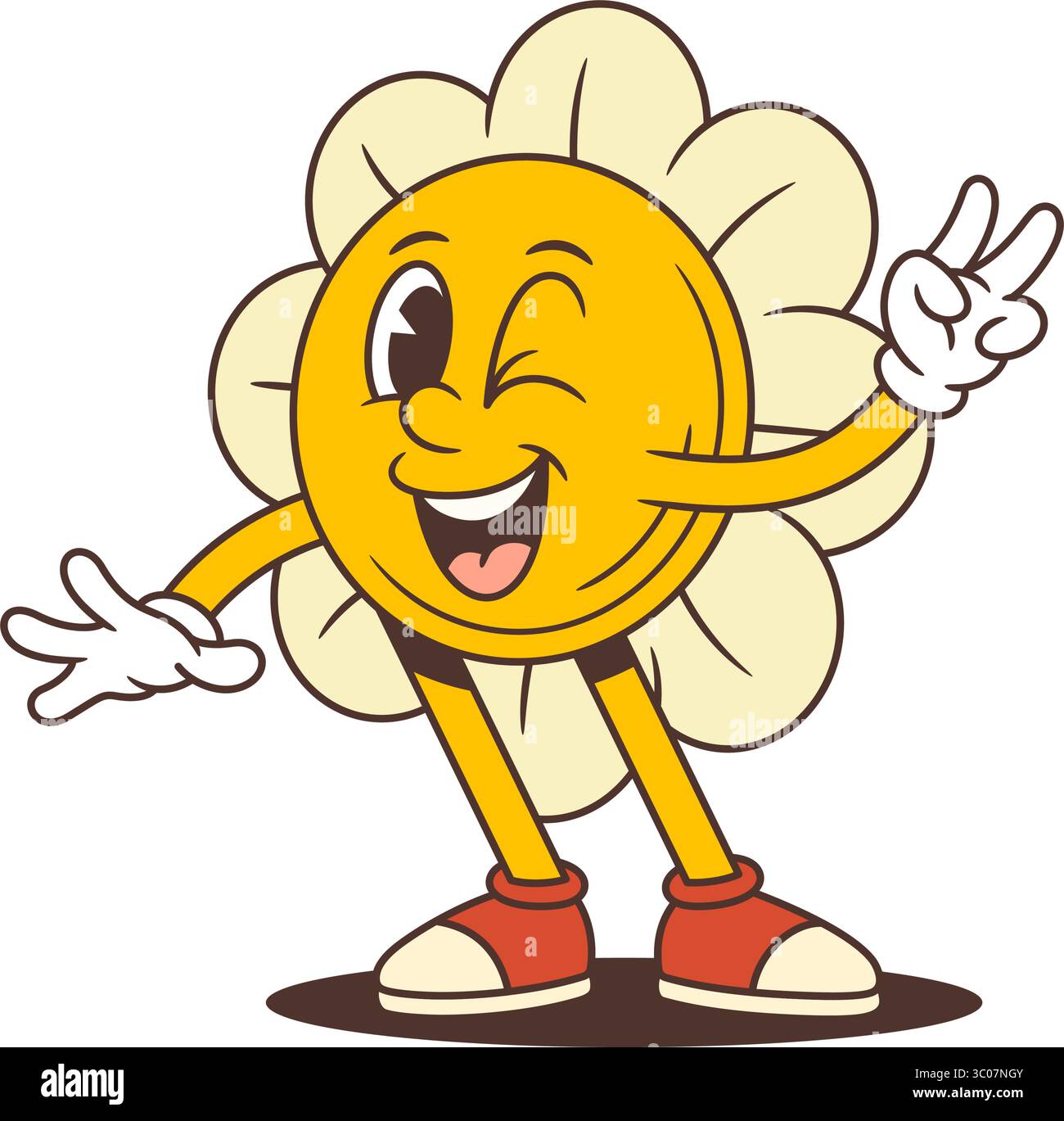 Playful flower mascot showing peace sign with a wink and mischievous expression. Great for youth-targeted designs, stickers, and summer-themed creativ Stock Vector