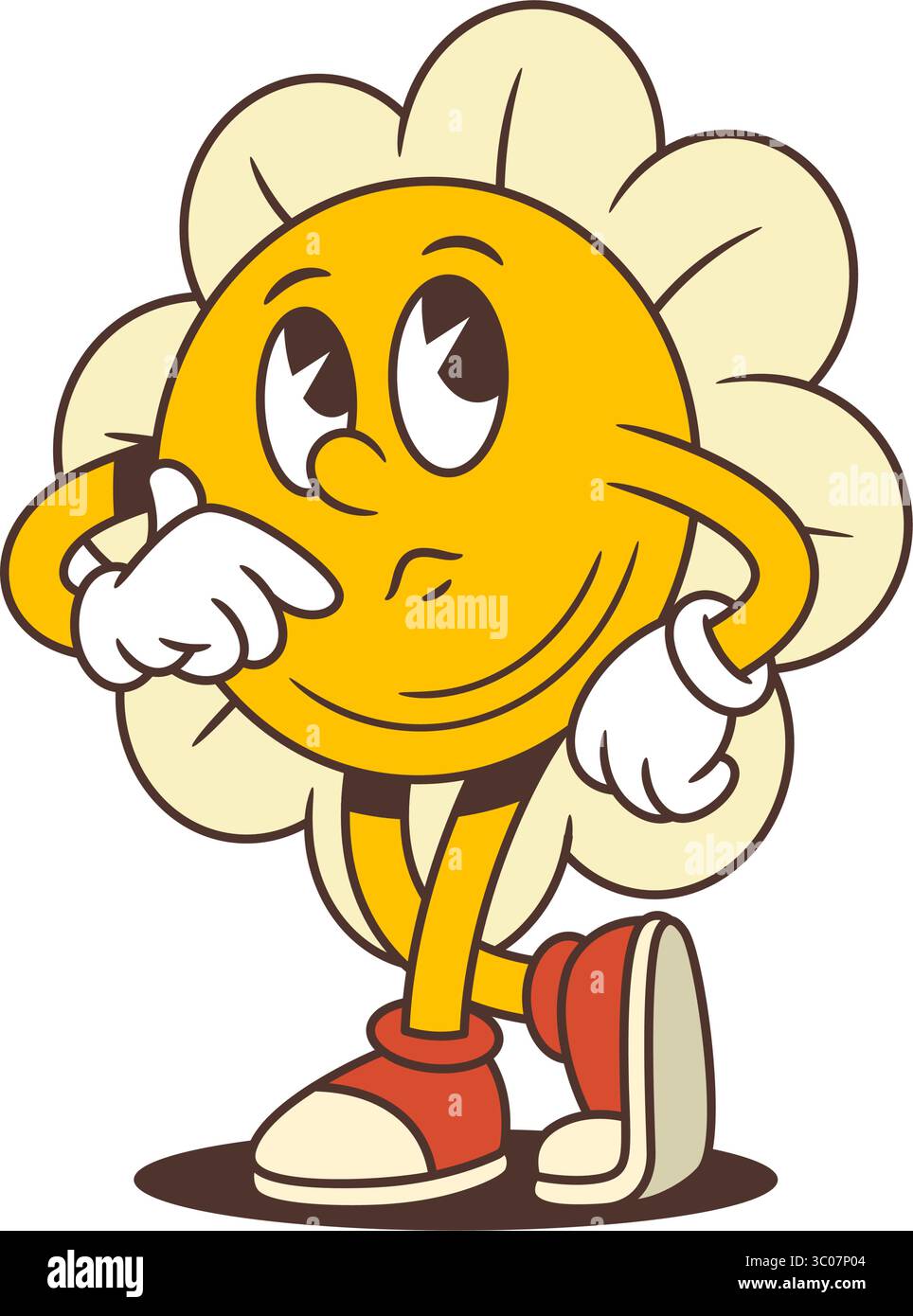 Thoughtful flower mascot standing with amused grin and hand on hip, radiating playful confidence and youthful charm. Perfect for kids content, comics, Stock Vector
