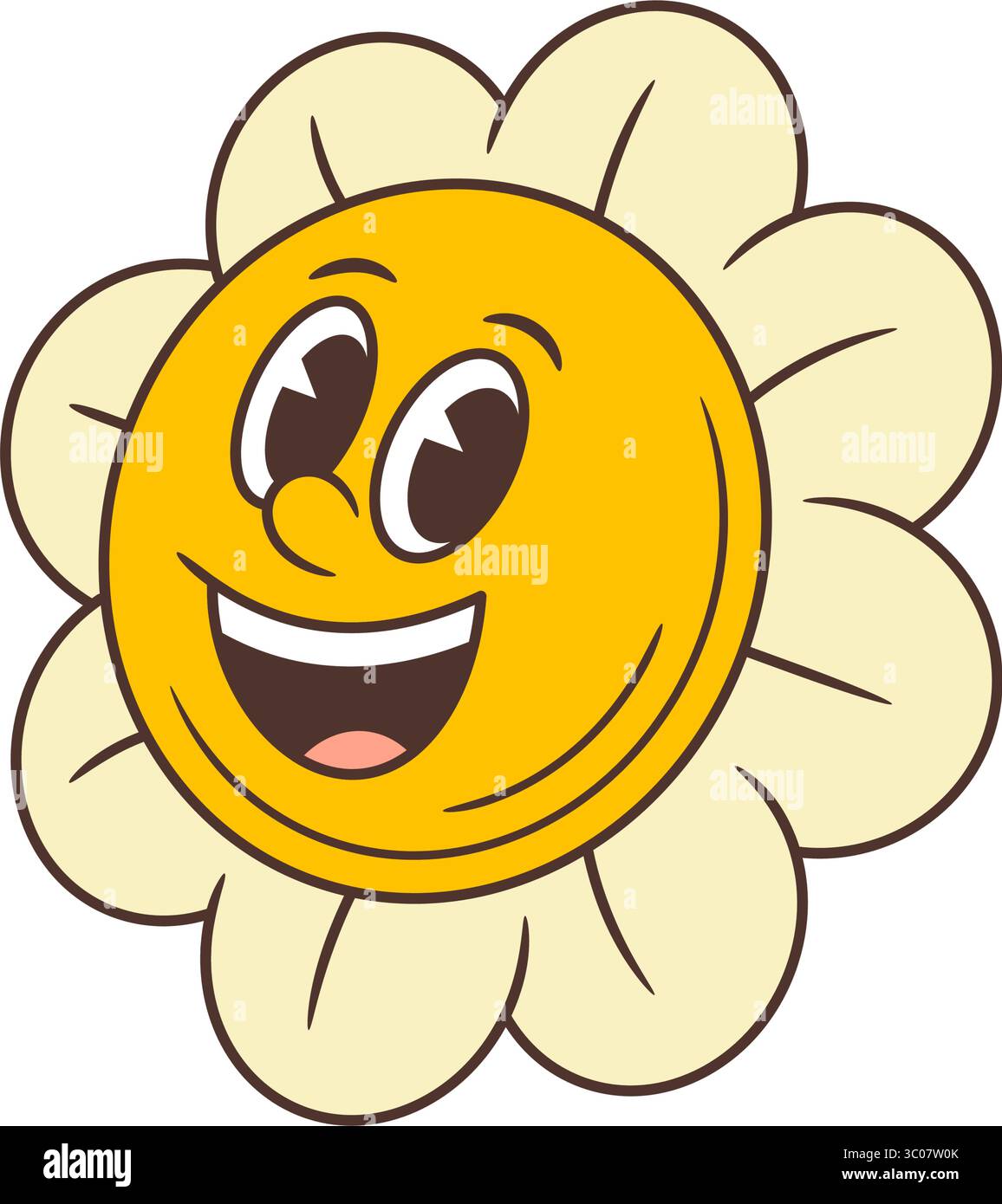 A cheerful retro flower mascot featuring a big smiling face and wide ...