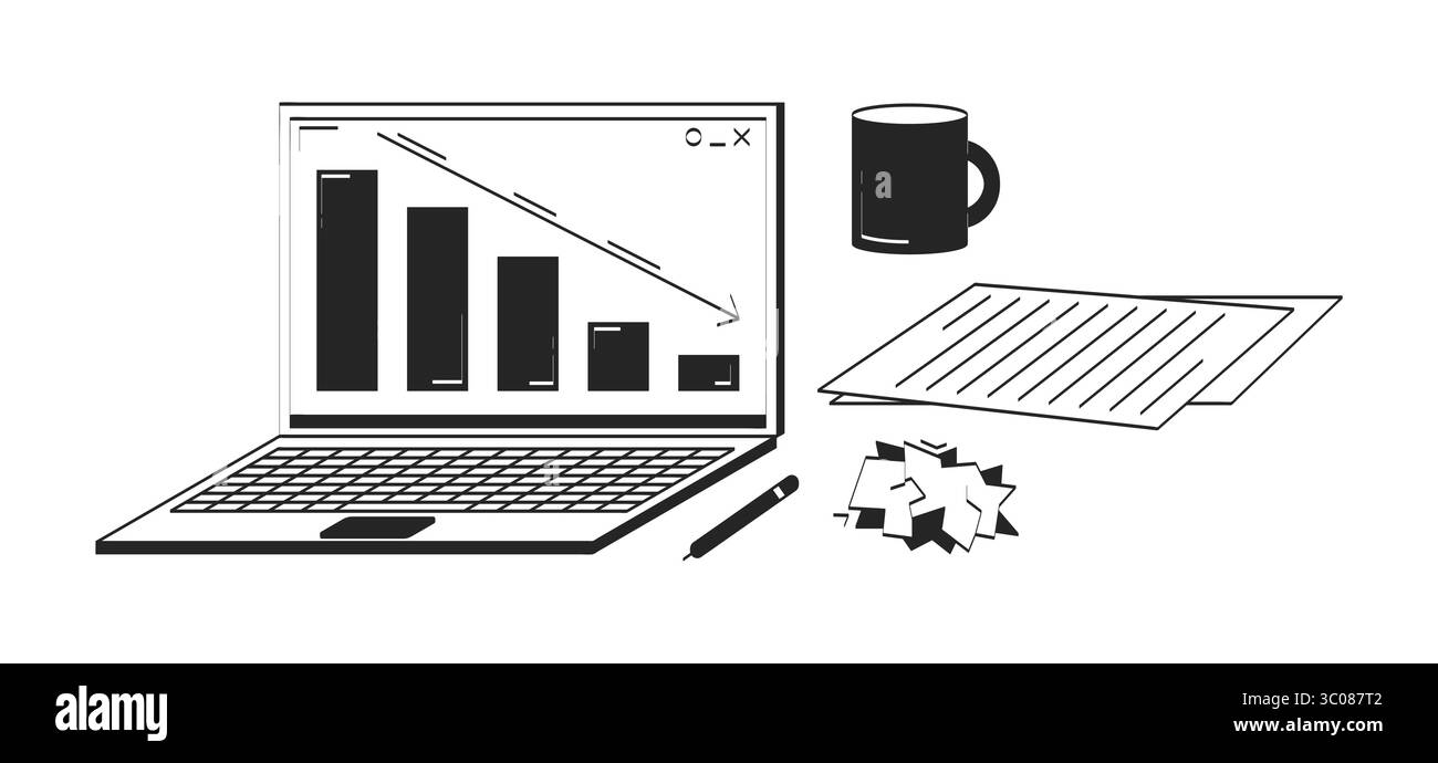 Laptop with declining graph and office supplies doodle linear objects set Stock Vector