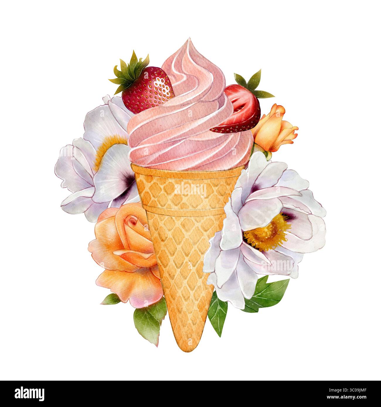 Watercolor composition with pink serve ice cream in waffle cone ...