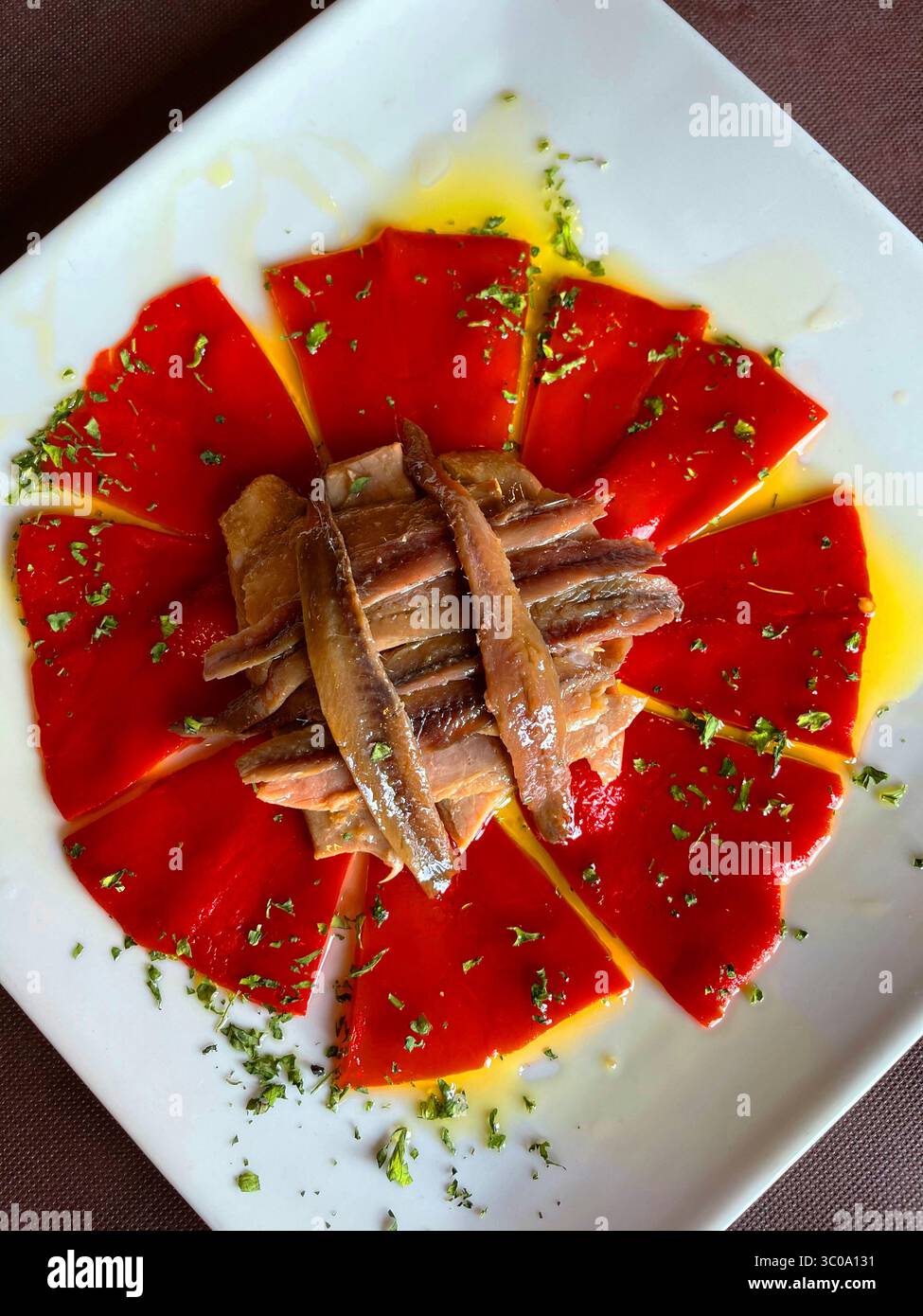 Salad made of Piquillo peppers, tuna loin, anchovy fillets, parsley and olive oil. Spain. - Smartphone Captured Stock Image