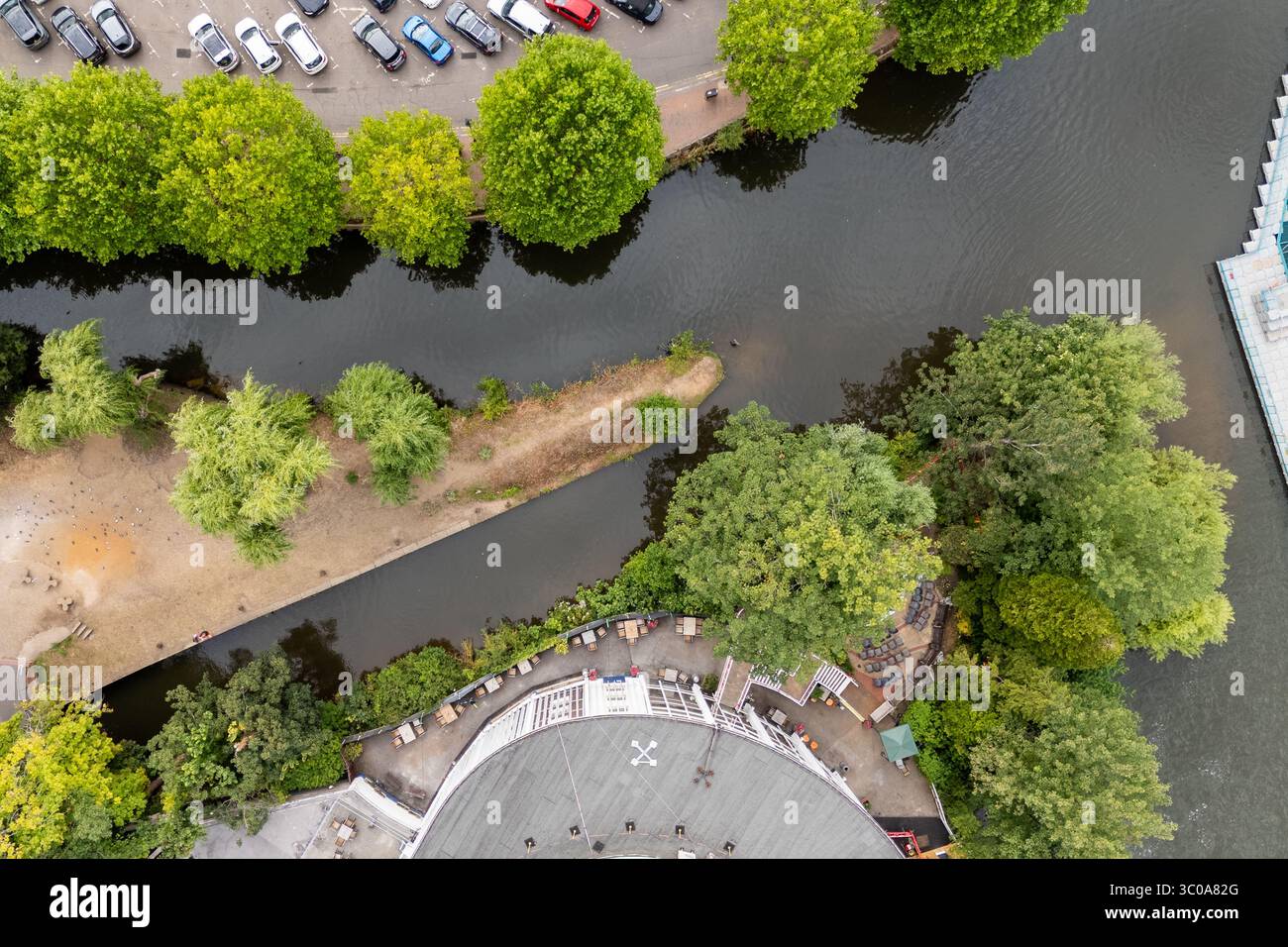 Aerial view of the River Wey snaking past Guildford Rowing Club, with ...
