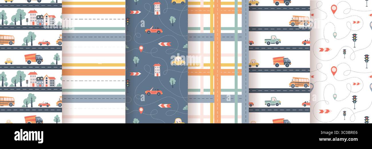 Kids seamless pattern with car, bus and road. Perfect for fabric , digital paper, cards Stock Vector