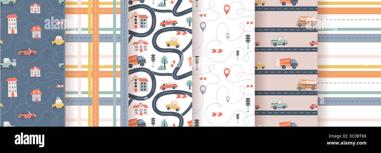 Kids seamless pattern with car, bus and road. Perfect for fabric , digital paper, cards Stock Vector