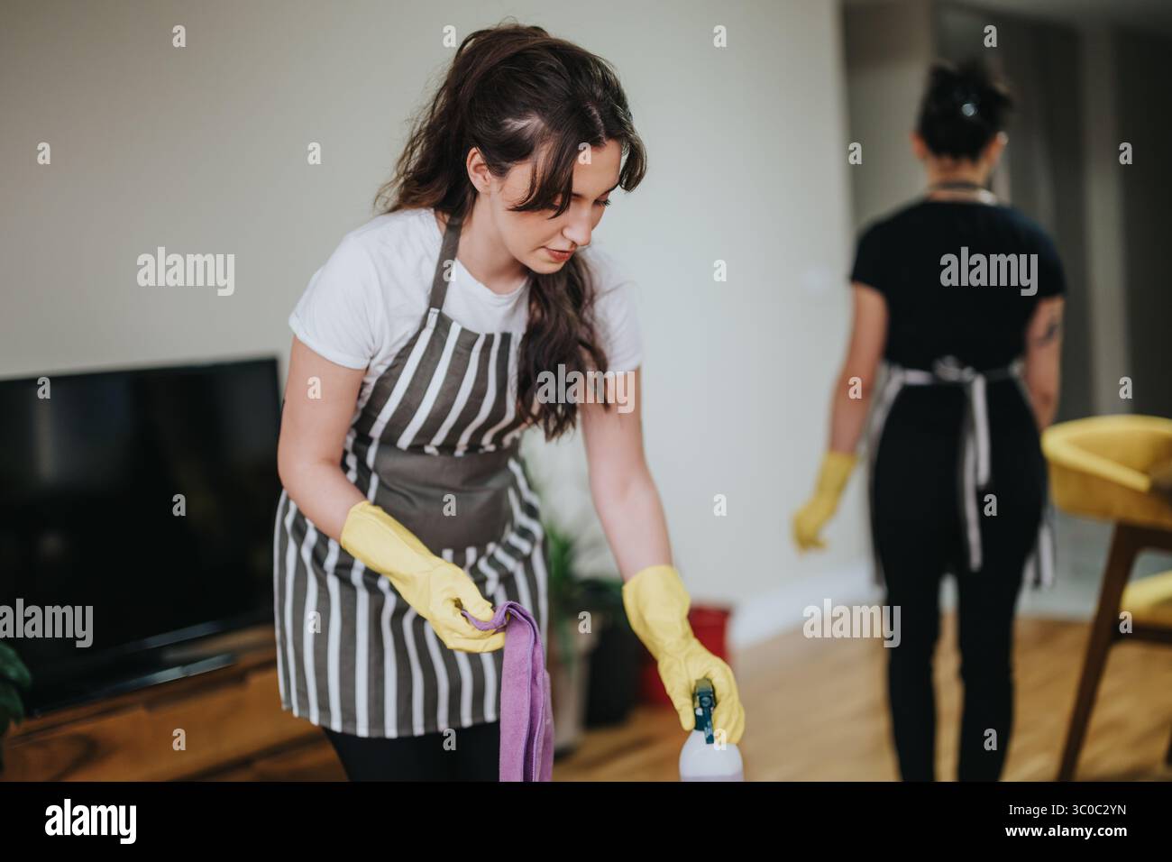 Two women engaged in cleaning work with gloves and aprons inside a ...