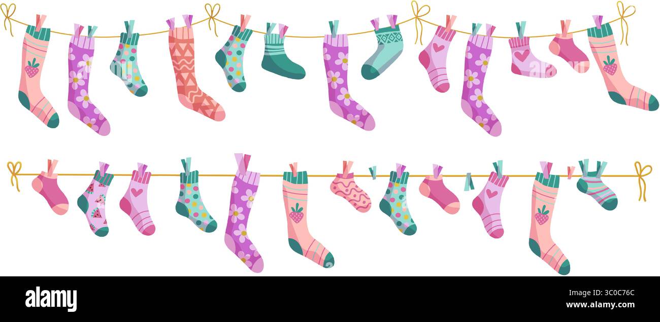 Clothesline socks illustration set. Socks on a rope, Baby socks with ...