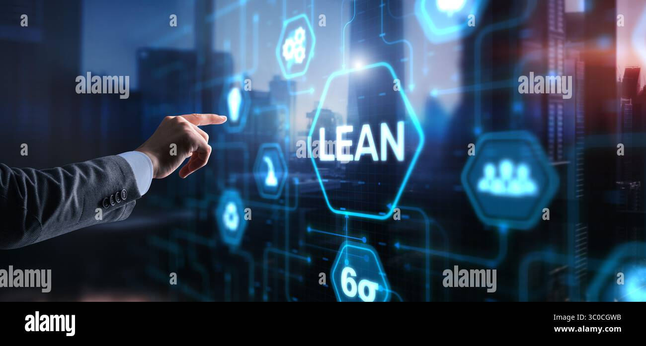 Lean manufacturing. Quality and standardization. Icon on Virtual screen. Stock Photo
