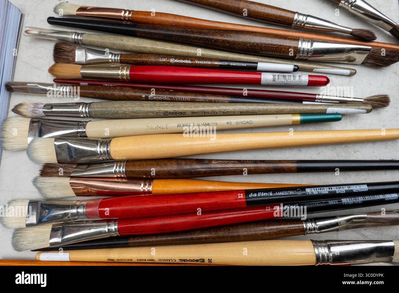 Art brushes for sale, still life flat lay, USA Stock Photo