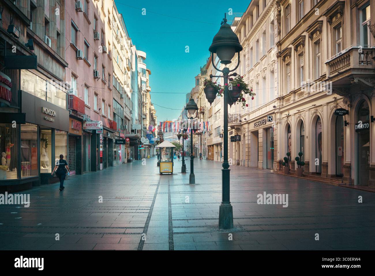 Belgrade, Serbia - July 13, 2025: Details of the most famous street in the country, Knez Mihailova, most visited by tourists, Sunday morning during su Stock Photo