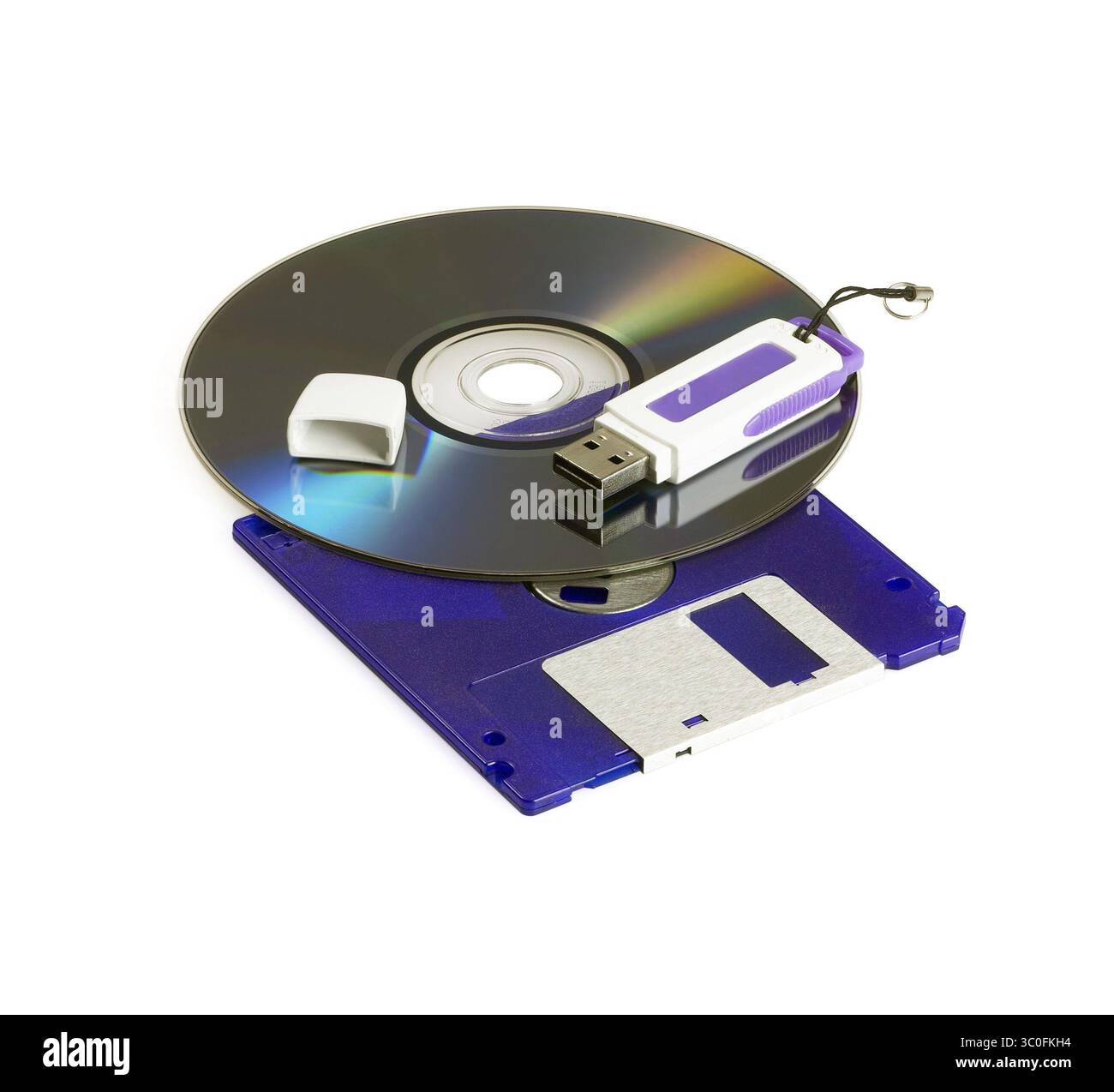 Cd rom dvd, floppy disk, and usb key isolated on white background Stock Photo