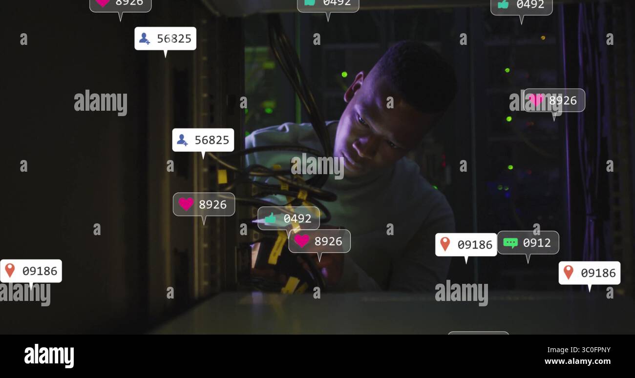 In school, image technician working on server cables with notifications overlay Stock Photo