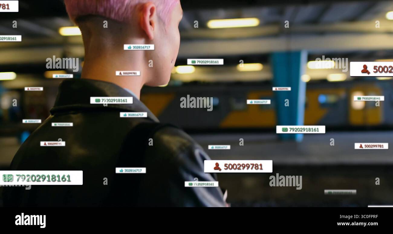 Image of person with pink hair surrounded by digital notifications in city Stock Photo