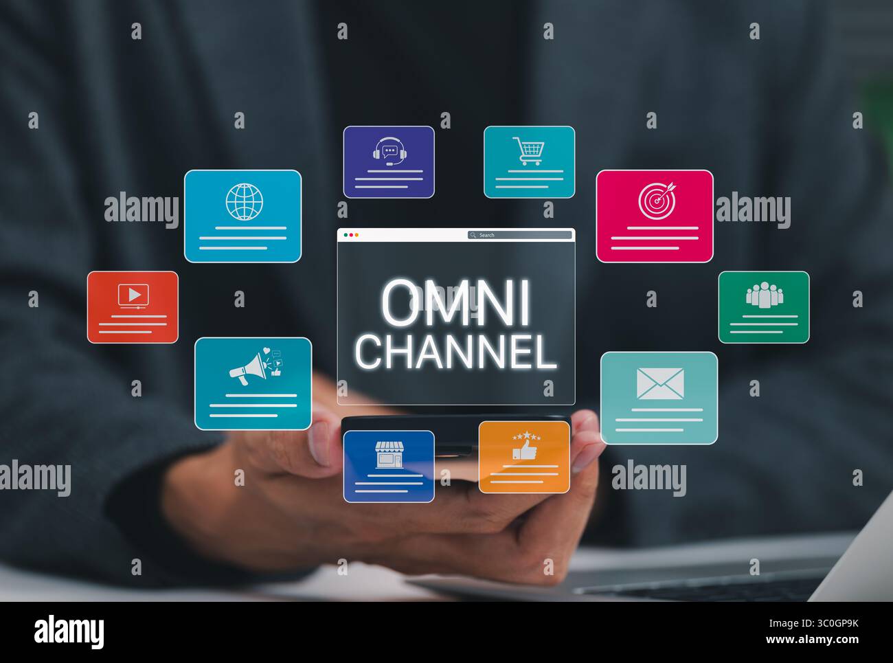 Omni Channel Digital Marketing and E-Commerce concept. Businessman with ...