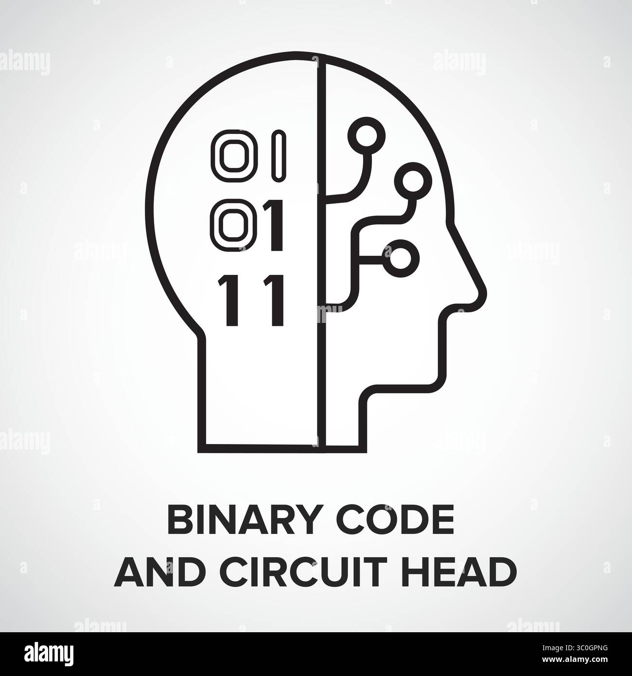 Binary Code and Circuit Head Icon outline with white background – AI Data Processing Intelligence, Vector Illustration Stock Vector