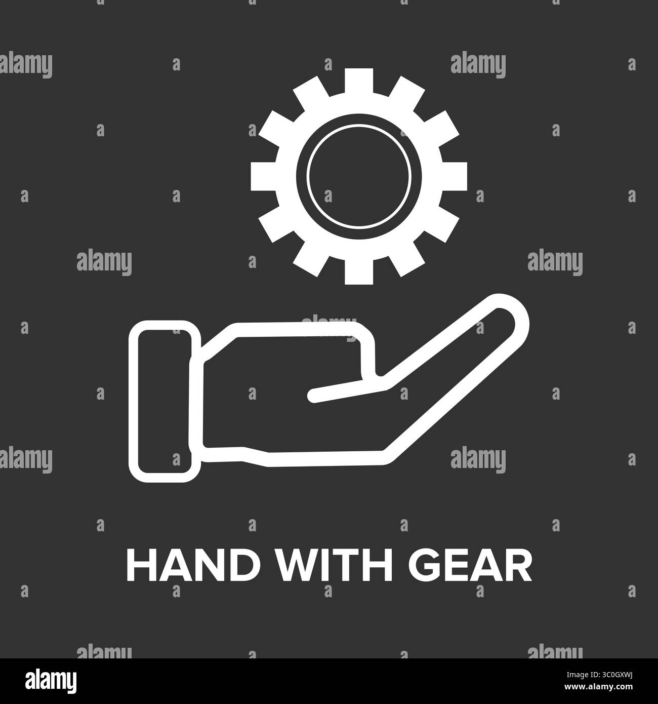 Hand with Gear icon in black and white background – AI-Powered Human-Machine Collaboration, Vector Illustration for web site, Presentations Mobile app Stock Vector