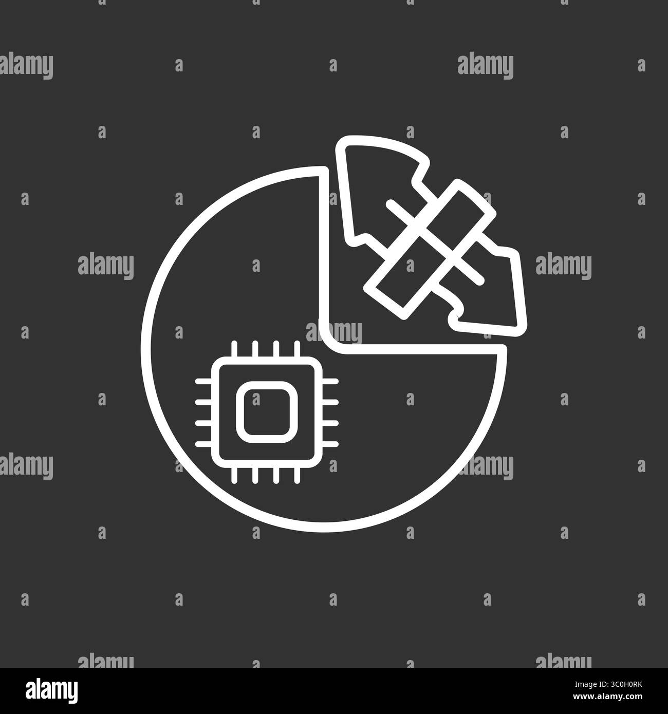Microprocessor Pie Chart icon in black and white background – AI Data Analytics and System Breakdown, Vector sign. Symbol, logo illustration Stock Vector
