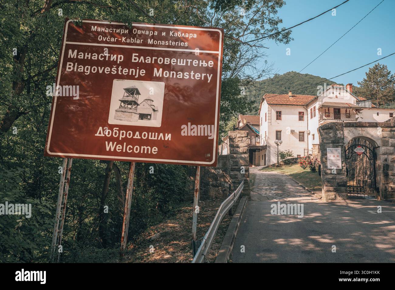 10 June 2025, Ovcar Banja, Serbia: Road sign showing Blagovestenje ...