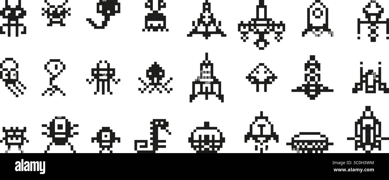 Pixel space invaders. Arcade game 8 bit characters and spaceships, black pixels graphic. Isolated aliens or monsters, galaxy retro play neoteric Stock Vector