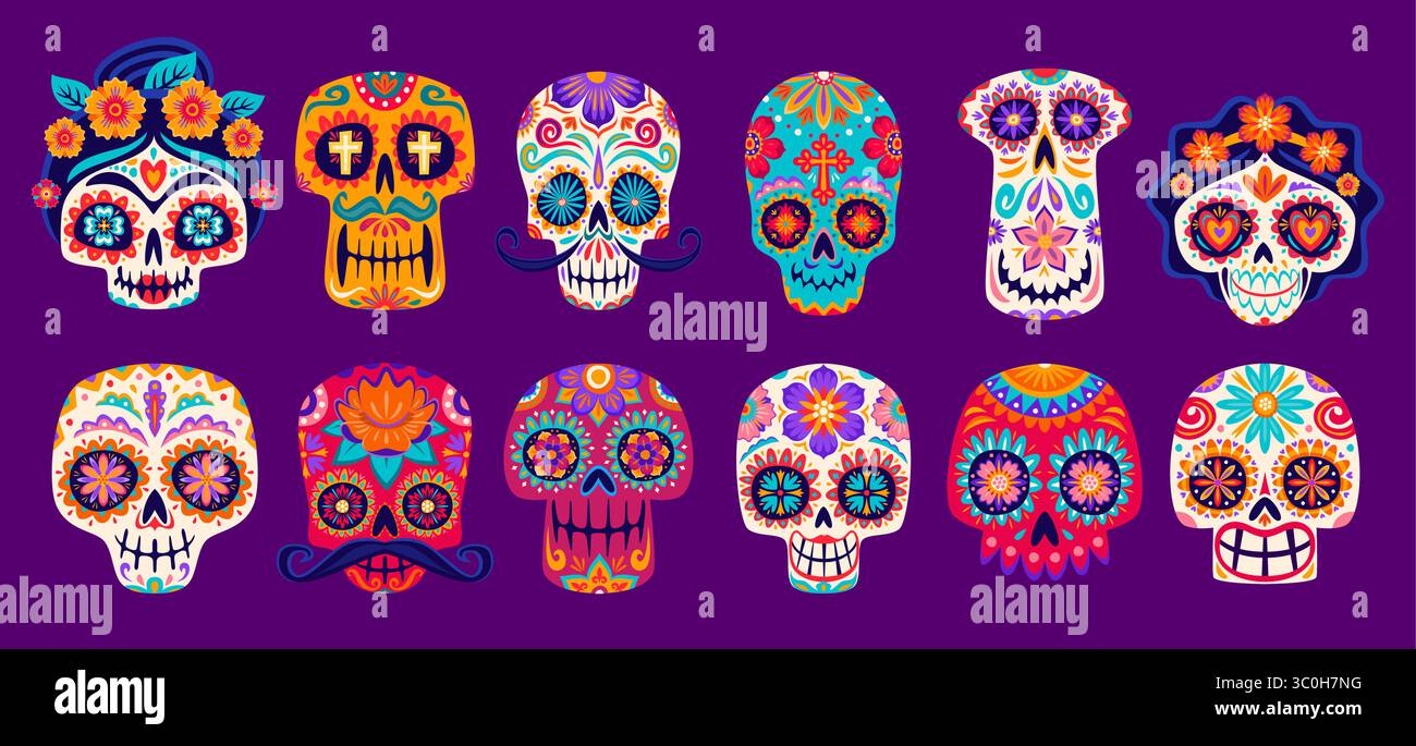 Mexican calavera skulls. Dia De Los Muertos day of dead holiday sugar ...