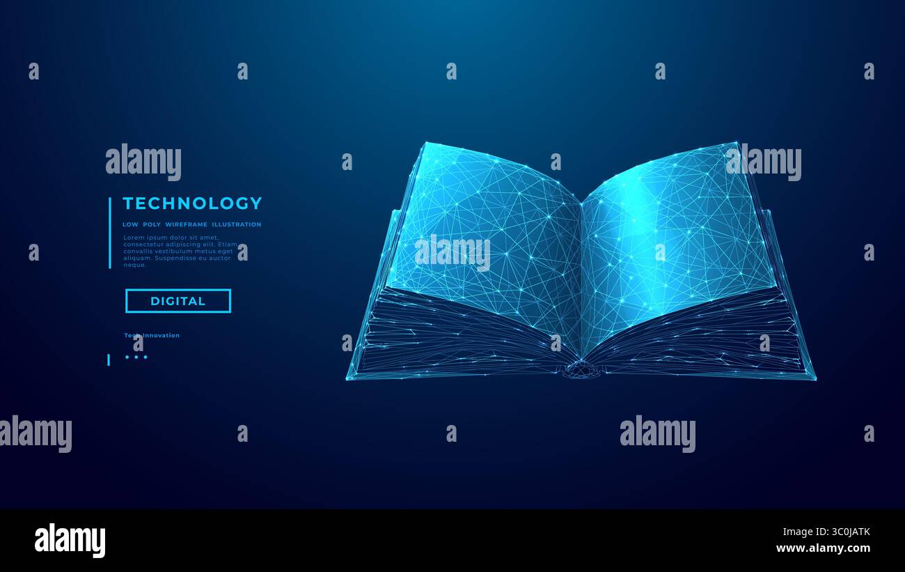 Abstract Digital Polygonal Opened Book on Technology Blue Background Stock Vector