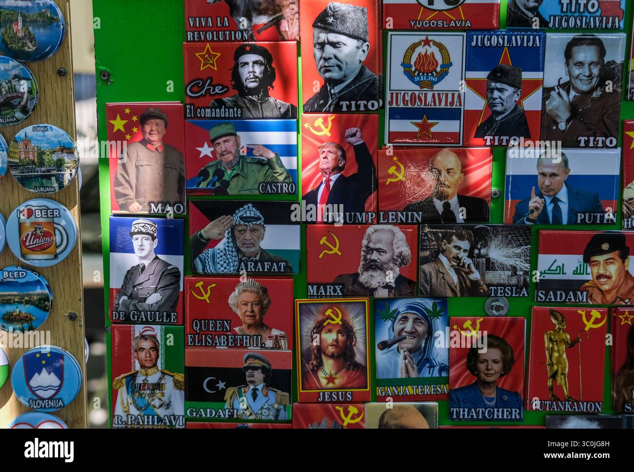 14 July 2025, Slovenia, Ljubliana: Magnets and buttons of various heads ...