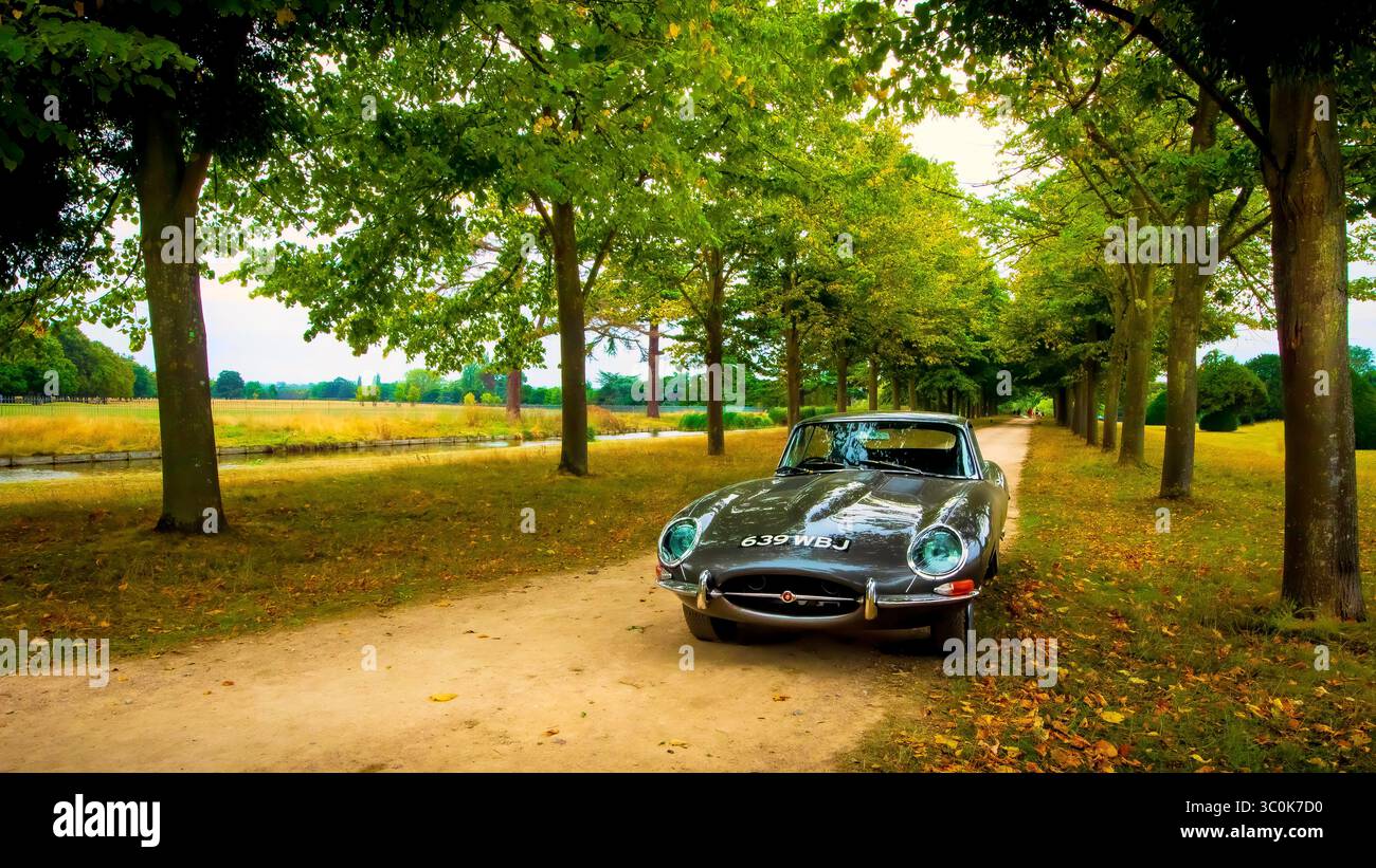 1961 3.8 Jaguar E Type, Fixed head coupe, Right hand drive. Opalescent gunmetal colour. In the grounds of Hampton Court Palace, London, England UK Stock Photo