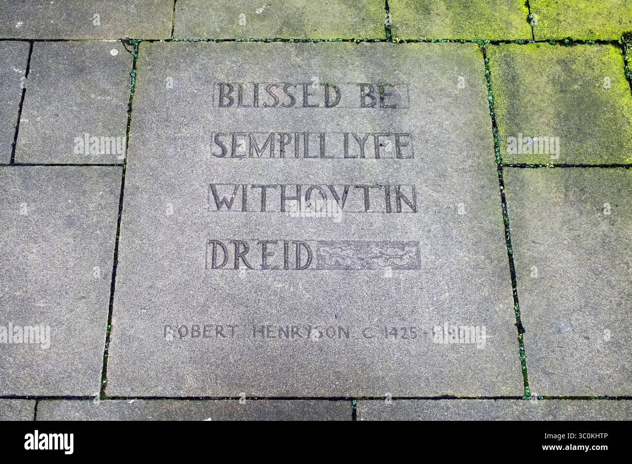 A stone in Edinburgh’s Makars’ Court honours Robert Henryson, the 15th-century Scottish poet. Stock Photo