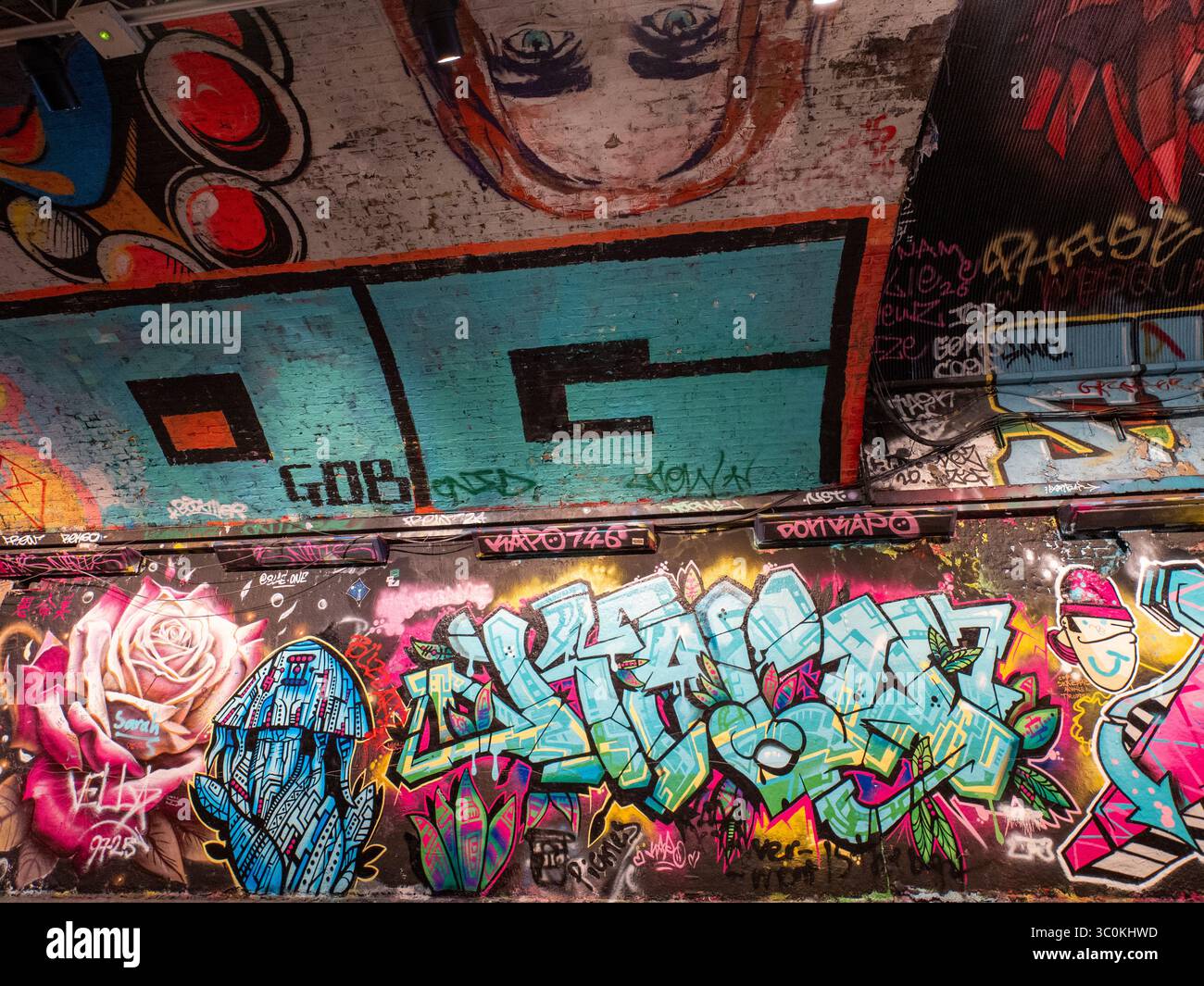 Murals and graffiti art at Leake Street, also known as Graffiti Tunnel, underneath Waterloo Train Station, Lambeth, London Stock Photo
