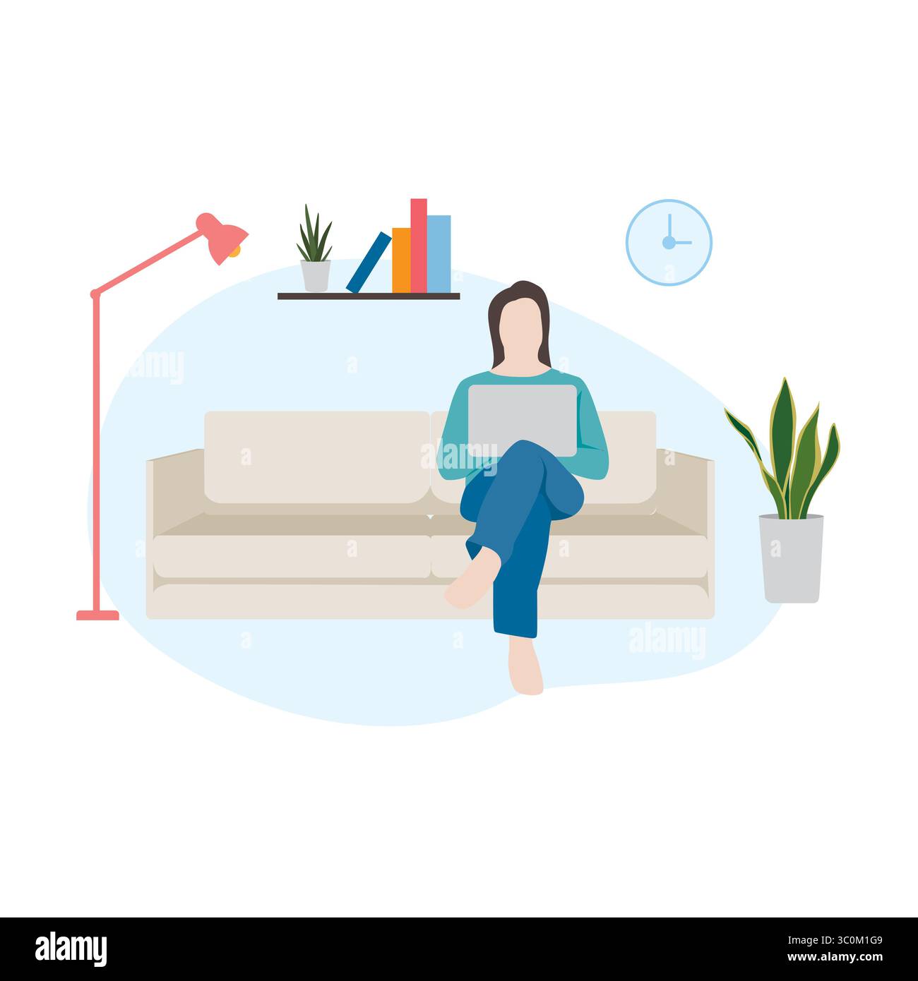 Freelancer, happy woman sitting working at home, remote work. Vector ...